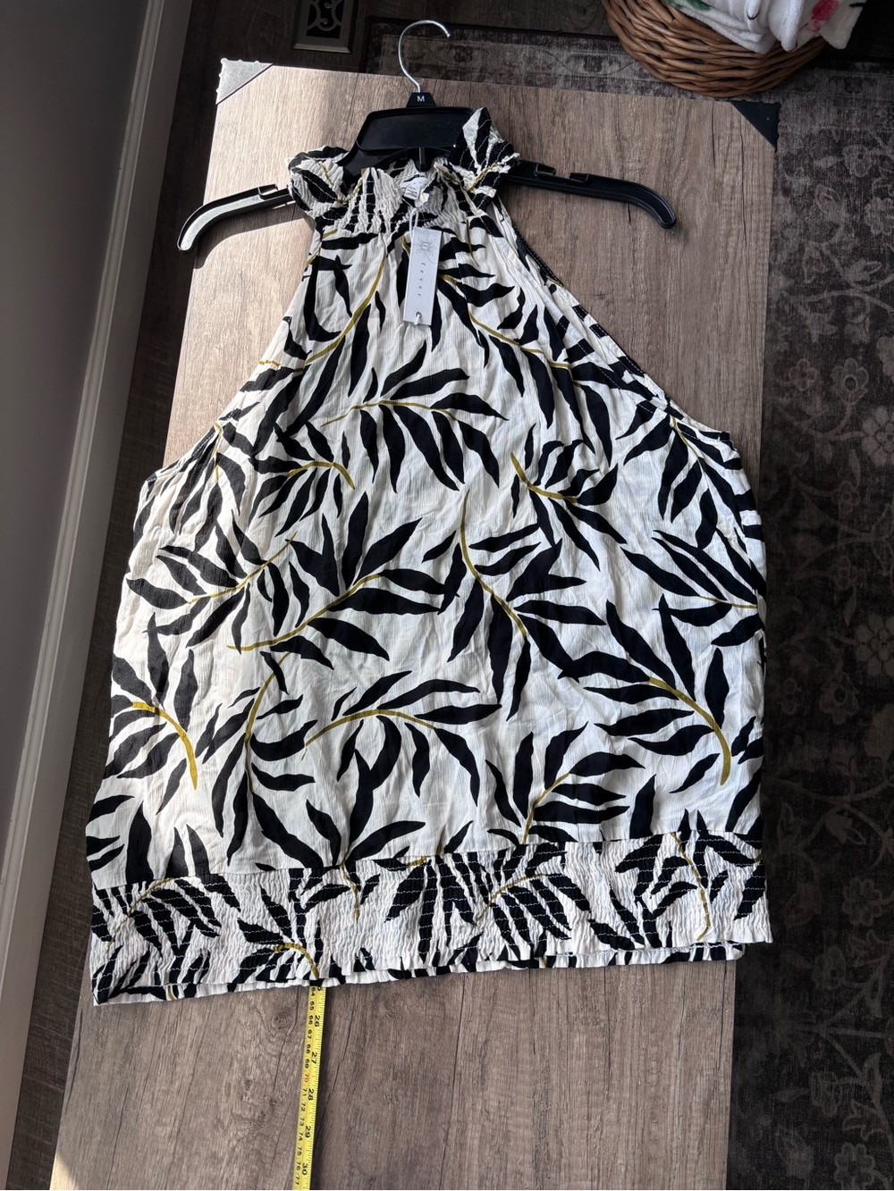 Fever Black & White Leaf-Print Halter Top with Yellow Accents